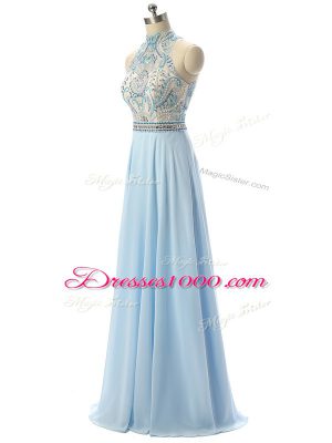 Light Blue Backless Evening Dresses Beading Sleeveless Floor Length