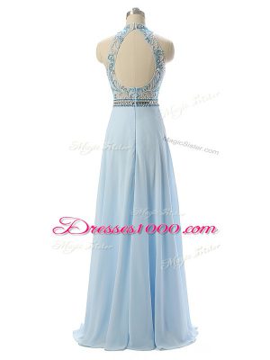 Light Blue Backless Evening Dresses Beading Sleeveless Floor Length