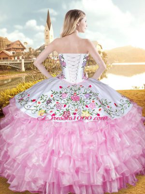 Sweetheart Sleeveless Quinceanera Dress Floor Length Embroidery and Ruffled Layers Peach Organza and Taffeta