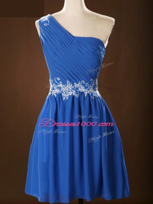 Blue Chiffon Zipper One Shoulder Sleeveless Mini Length Quinceanera Court of Honor Dress Appliques and Ruching