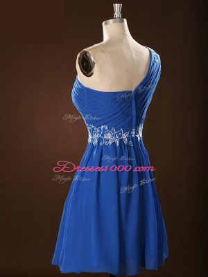 Blue Chiffon Zipper One Shoulder Sleeveless Mini Length Quinceanera Court of Honor Dress Appliques and Ruching