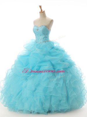 Hot Selling Aqua Blue Ball Gowns Organza Sweetheart Sleeveless Beading and Ruffled Layers Floor Length Lace Up Quince Ball Gowns