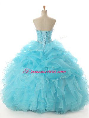 Hot Selling Aqua Blue Ball Gowns Organza Sweetheart Sleeveless Beading and Ruffled Layers Floor Length Lace Up Quince Ball Gowns