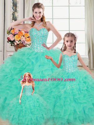 Turquoise Lace Up Quinceanera Gown Beading and Ruffles Sleeveless Floor Length