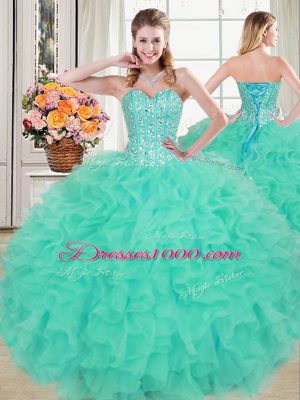 Turquoise Lace Up Quinceanera Gown Beading and Ruffles Sleeveless Floor Length