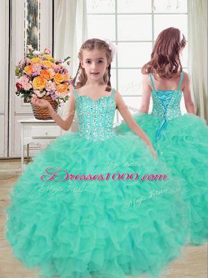 Turquoise Lace Up Quinceanera Gown Beading and Ruffles Sleeveless Floor Length