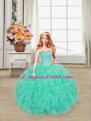 Turquoise Lace Up Quinceanera Gown Beading and Ruffles Sleeveless Floor Length