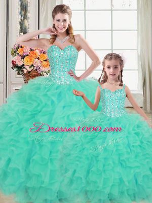 Turquoise Lace Up Quinceanera Gown Beading and Ruffles Sleeveless Floor Length