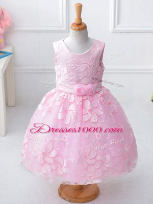 Trendy Sleeveless Lace Knee Length Zipper Flower Girl Dress in Baby Pink with Appliques and Hand Made Flower