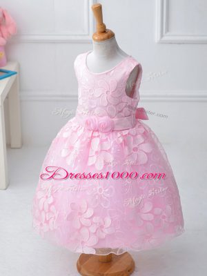 Trendy Sleeveless Lace Knee Length Zipper Flower Girl Dress in Baby Pink with Appliques and Hand Made Flower