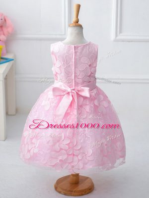 Trendy Sleeveless Lace Knee Length Zipper Flower Girl Dress in Baby Pink with Appliques and Hand Made Flower