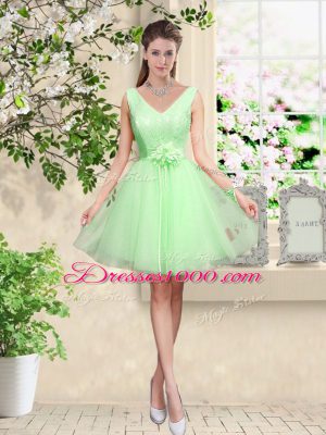 Custom Made A-line Lace and Belt Dama Dress for Quinceanera Lace Up Tulle Sleeveless Knee Length