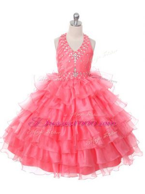 Sleeveless Organza Floor Length Lace Up Pageant Gowns For Girls in Coral Red with Beading and Ruffled Layers