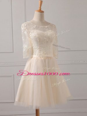 On Sale Champagne Quinceanera Court Dresses Prom and Party and Wedding Party with Lace and Belt Scoop Half Sleeves Lace Up