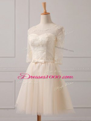 On Sale Champagne Quinceanera Court Dresses Prom and Party and Wedding Party with Lace and Belt Scoop Half Sleeves Lace Up