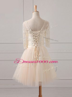 On Sale Champagne Quinceanera Court Dresses Prom and Party and Wedding Party with Lace and Belt Scoop Half Sleeves Lace Up