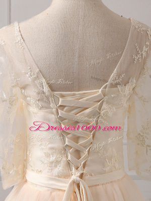 On Sale Champagne Quinceanera Court Dresses Prom and Party and Wedding Party with Lace and Belt Scoop Half Sleeves Lace Up