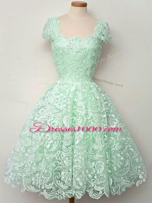 A-line Bridesmaid Dresses Apple Green Straps Lace Cap Sleeves Knee Length Lace Up