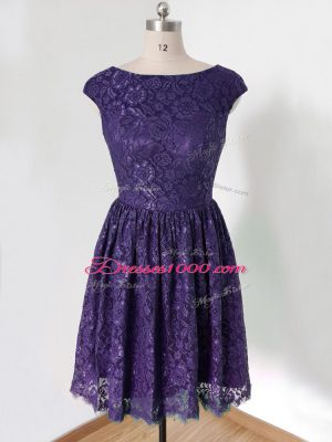 Purple Cap Sleeves Lace Lace Up Bridesmaid Gown for Prom and Party and Wedding Party