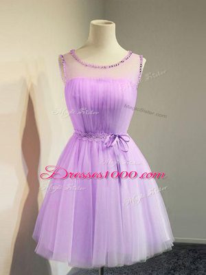 Cute Scoop Sleeveless Lace Up Dama Dress for Quinceanera Lavender Tulle