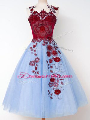 Hot Sale Tulle Straps Sleeveless Lace Up Appliques Bridesmaid Gown in Blue