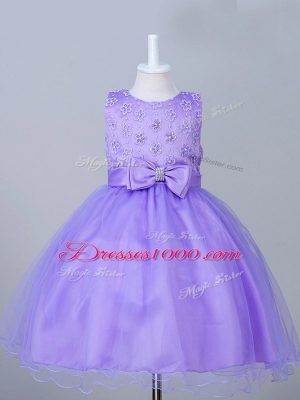 Eggplant Purple Tulle Zipper Little Girls Pageant Gowns Sleeveless Knee Length Appliques and Bowknot