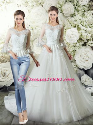 Discount Court Train Three Pieces Wedding Dress White V-neck Tulle 3 4 Length Sleeve Zipper