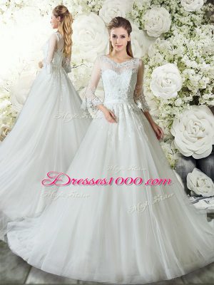 Discount Court Train Three Pieces Wedding Dress White V-neck Tulle 3 4 Length Sleeve Zipper