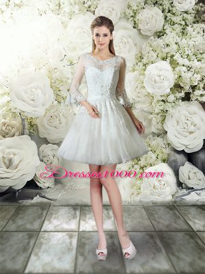 Discount Court Train Three Pieces Wedding Dress White V-neck Tulle 3 4 Length Sleeve Zipper