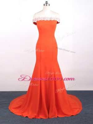 Smart Orange Red Womens Evening Dresses Prom and Party and Military Ball and Sweet 16 with Lace and Appliques Straps Sleeveless Watteau Train Side Zipper