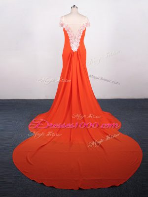 Smart Orange Red Womens Evening Dresses Prom and Party and Military Ball and Sweet 16 with Lace and Appliques Straps Sleeveless Watteau Train Side Zipper