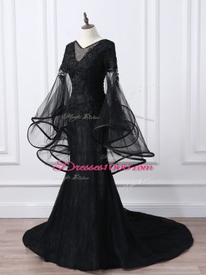 Black Mother of the Bride Dress Scoop Long Sleeves Brush Train Lace Up