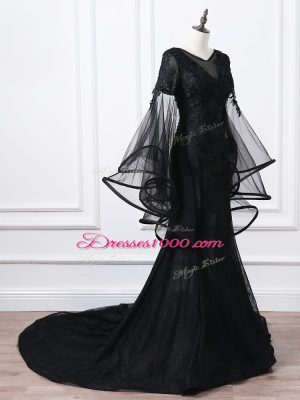 Black Mother of the Bride Dress Scoop Long Sleeves Brush Train Lace Up