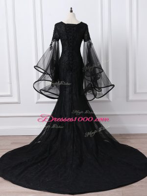 Black Mother of the Bride Dress Scoop Long Sleeves Brush Train Lace Up