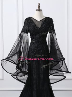 Black Mother of the Bride Dress Scoop Long Sleeves Brush Train Lace Up