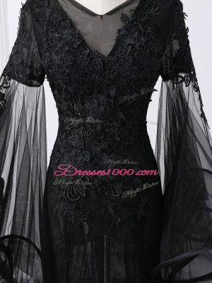 Black Mother of the Bride Dress Scoop Long Sleeves Brush Train Lace Up