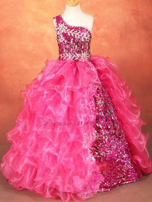 Dazzling Floor Length Lace Up Little Girls Pageant Dress Wholesale Hot Pink for Wedding Party with Beading and Ruffles and Sequins