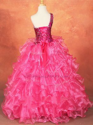 Dazzling Floor Length Lace Up Little Girls Pageant Dress Wholesale Hot Pink for Wedding Party with Beading and Ruffles and Sequins