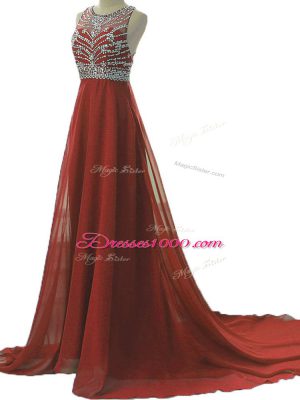 Burgundy Column/Sheath Beading Evening Gowns Backless Chiffon Sleeveless