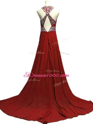 Burgundy Column/Sheath Beading Evening Gowns Backless Chiffon Sleeveless