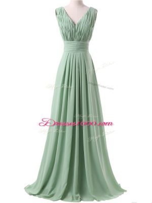 Top Selling Apple Green Empire V-neck Sleeveless Chiffon Floor Length Lace Up Ruching Quinceanera Court Dresses