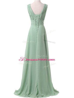 Top Selling Apple Green Empire V-neck Sleeveless Chiffon Floor Length Lace Up Ruching Quinceanera Court Dresses