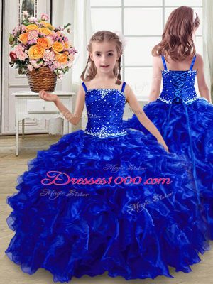 Graceful Floor Length Ball Gowns Sleeveless Royal Blue Pageant Gowns For Girls Lace Up