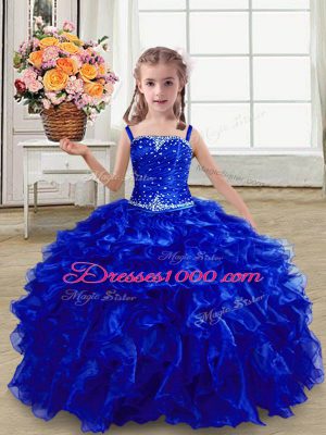 Graceful Floor Length Ball Gowns Sleeveless Royal Blue Pageant Gowns For Girls Lace Up