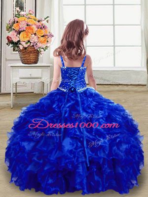 Graceful Floor Length Ball Gowns Sleeveless Royal Blue Pageant Gowns For Girls Lace Up