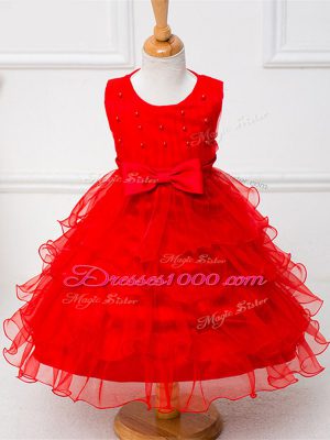 Sleeveless Zipper Tea Length Ruffled Layers and Bowknot Little Girl Pageant Gowns