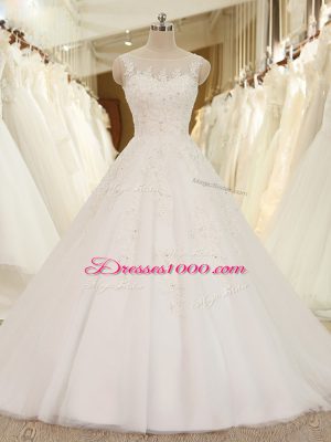 White Wedding Gown Tulle Sleeveless Lace and Appliques
