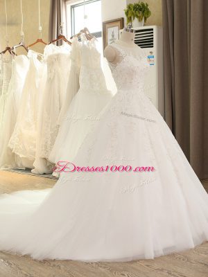 White Wedding Gown Tulle Sleeveless Lace and Appliques