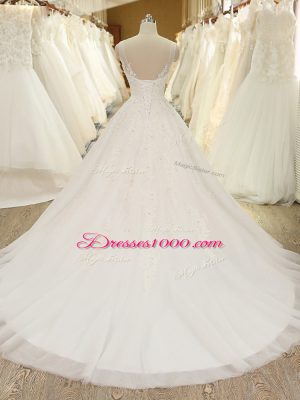 White Wedding Gown Tulle Sleeveless Lace and Appliques