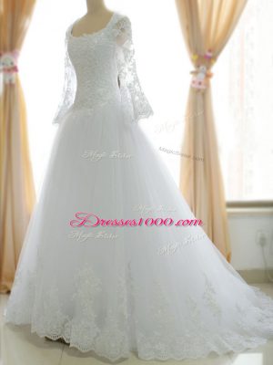 Exceptional White Zipper Square Lace and Appliques Wedding Dress Tulle Sleeveless Brush Train